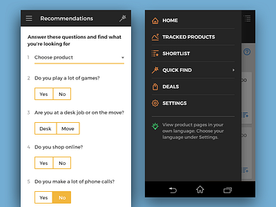 MakkhiChoose - Recommendations and Sidenav android app button clean ecommerce form list menu minimal nav radio sidenav