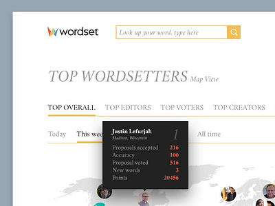 Wordset - Top Wordsetters (Map View) dark gamification leaderboard map minimal popup stat statistics tab typography ui web