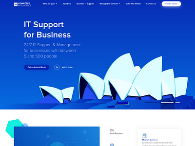 Connected Intelligence blue and white design graphic landing page site ui ux website
