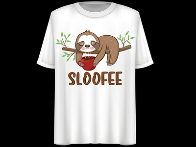 Sloth Hang On Twig And Holding Cup Of Coffee. T-Shirt Design. cartoon illustration design digital art digital illustration illustration