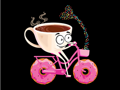 Coffee Cup Riding Bike With Donut Wheels. Vector Illustration. cartoon illustration design digital art digital illustration illustration