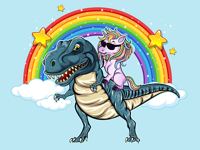 Unicorn Riding Dainasour, Vector illustration.