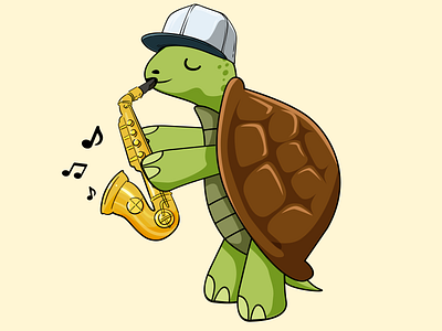 Turtle Playing The Saxophone, Vector Illustration.