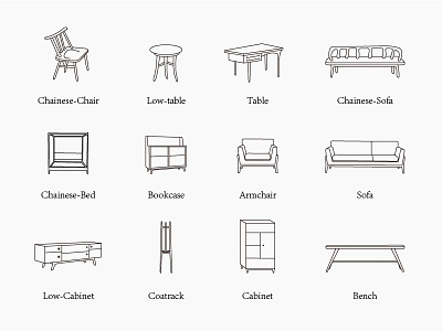icons Chinese Style Furniture bed bookcase cabinet chair chinese furniture icons sofa table ui web