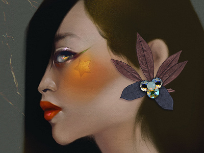 Study. eyes flower girl green human illustration leaf lips nature orange star texture