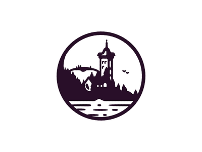 Island badge building church flat illustration landscape logo mark vector