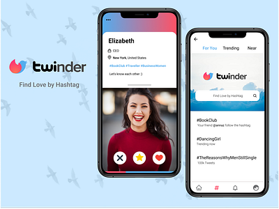 Twinder ( Twitter x Tinder ) - Love Hashtag Finder App app design finder hashtag love mobile relationship tinder twitter ui ux