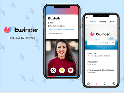 Twinder ( Twitter x Tinder ) - Love Hashtag Finder App app design finder hashtag love mobile relationship tinder twitter ui ux