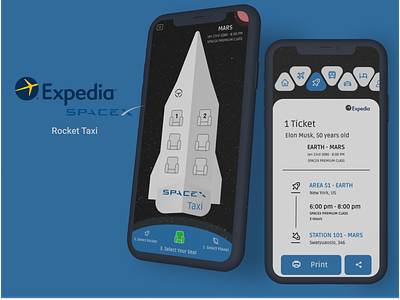 Expedia Spacex - Rocket Taxi Travel Booking App app booking design earth elon musk expedia mars mobile plane rocket spacex travel ui ux