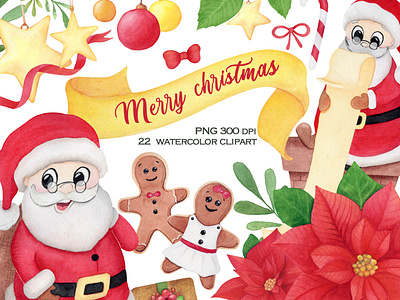 Christmas watercolor clipart with cute Santa png
