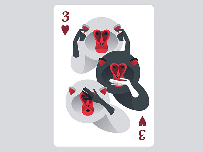 Three of hearts art cards illustration monkey red vector