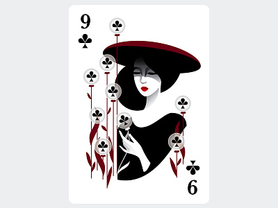 9 ♣ Clubs art cards flower girl illustration red vector