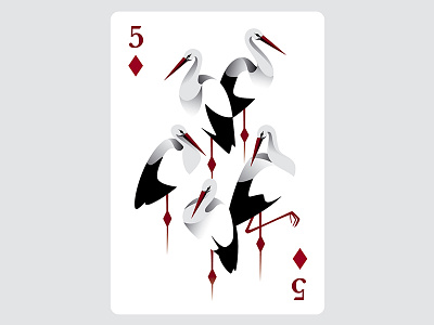 5 of diamonds art bird cards illustration red stork vector
