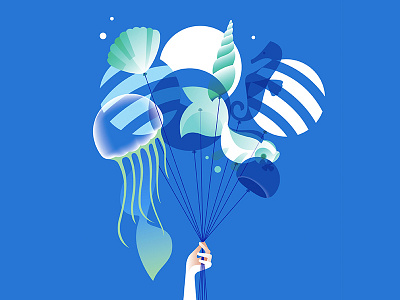 Greeting card for my friend's HB ballon blue fish hand illustration sea vector