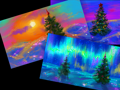 Bright Christmas backgrounds background bundle christmas tree digital art digital landscape environment art illustration nature nothern lights procreate sunset x mas