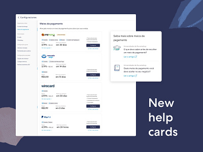 New help cards card design help icons nuvemshop payments third tiendanube ui ux