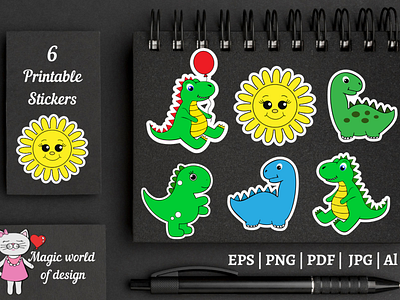Dinosaur Cartoon Stickers PNG for kids, Printable sticker animation design illustration vector
