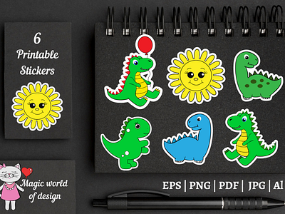 Dinosaur Cartoon Stickers PNG for kids, Printable sticker