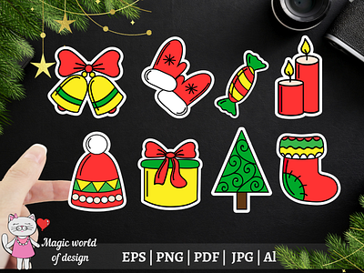 Christmas Stickers Bundle, 8 Printable Stickers PNG design illustration vector