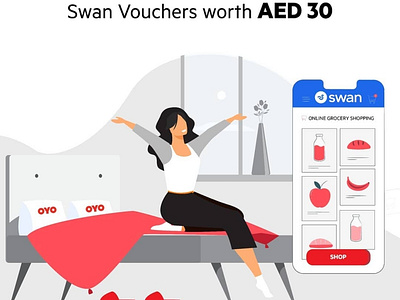 Vector design concept - lady relaxing on bed and mobile app ad banner bed branding color design concept dubai graphic design illustration lady mobile app mohamed saquib red relaxing saquib sheikh social media vector illustration voucher design white background woman