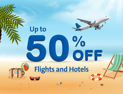 Flights and Hotels discount banner for Social Media beach discount beach travel vector beach vector branding discount travel flights and hotels graphic design illustration saquib sheikh social media travel design vector design