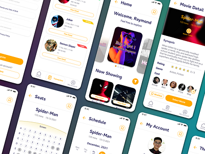 SeRes (Seat Reservation App for Movie Theatre) app application blue booking challenge cinema design google interface mobile movie orange reservation seat theatre ticket ui uiux ux yellow