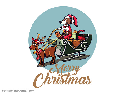 Santadog Merry Christmas, Santa's Sleigh character christmas freehand illustrator rudoff reindeer