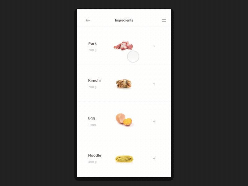 Daily UI :: 040 - Recipe animation food ingredients interaction principle recipe sketch ui white