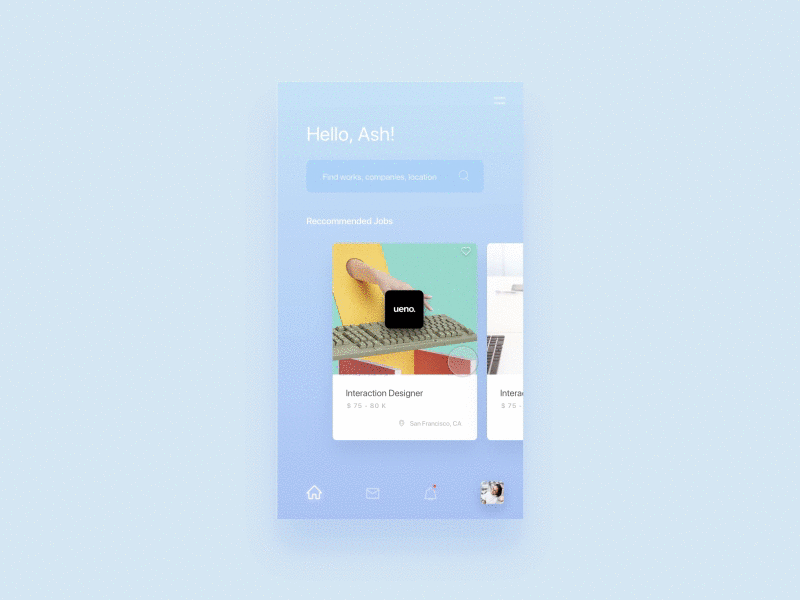 Daily UI 049 :: Job Listing after effects animation blue cards daily gradient interaction job listing list principle sketch ui