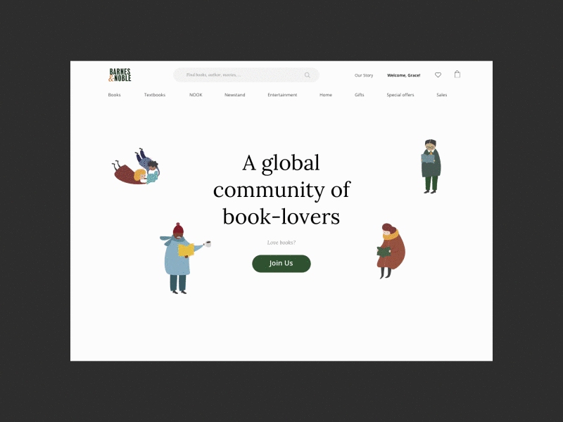 Reimagining Barnes & Noble : Home after effects animation barnes and noble books brand design illustration minimal principle sketch ui website