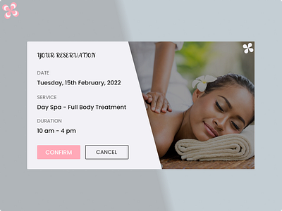 Confirmation beauty challenge confirmation dailyui design figma figmadesign productdesign reservation spa ui uidesign uidesigner ux visual