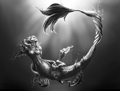 Into The Deep bw fantasy illustration mermaid monochrome nude woman