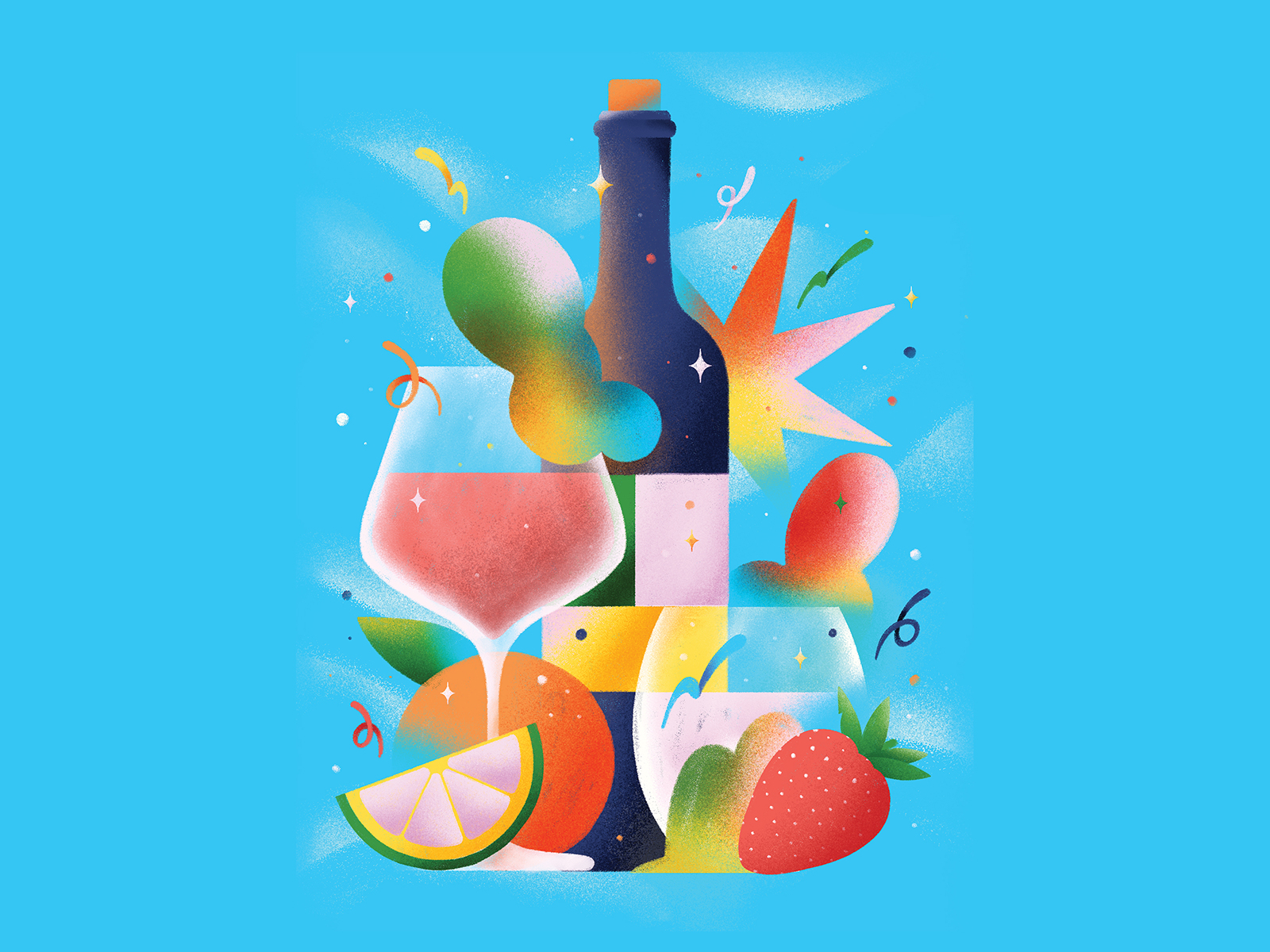 Wine and fruits 2 cup drink fruit glass of wine gradient illustration orange strawberry wine wine bottle wine label