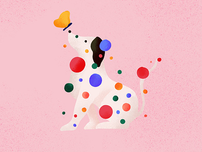 Dog and butterfly colorful dots illustration pattern