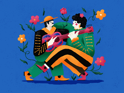Mariachi love 03 amor colorful couple flower guitar illustration latin latina latino love lovers mexico music people person