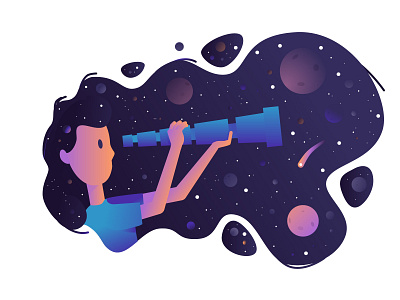 space girl adobe illustrator comet cosmic flat girl hair illustration planets space stars telescope vector woman