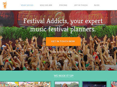 Festival Addicts - Public Facing Site bright colors button clean cta marketing site one page site simple sticky header