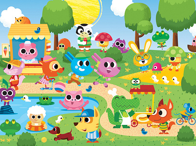 A day at the park bike character design dgph dog editorial fox frog graphic design illustration kids outdoor park play pond rabbit vector