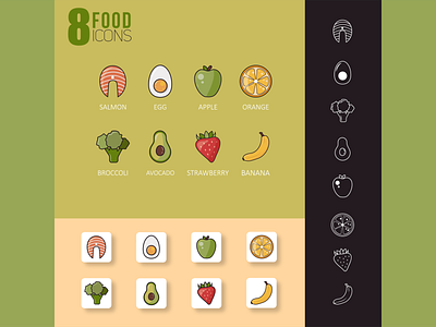 8 Food icons app apple avocado banana black broccoli egg food fruit graphic design green icon lineart orange phone proper nutrition salmon set strawberry vector