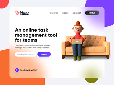 Task Management App - Landing page UI design 3dillustration creative glass gradient landing page concept transparent uidesign uikit