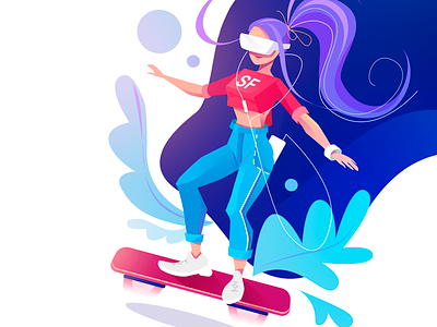 Hoverboard app apple application blue flat girl graphic hoverboard illustraion ios iphone iwatch jeans pink pink hair teenage vector vr webdesign website