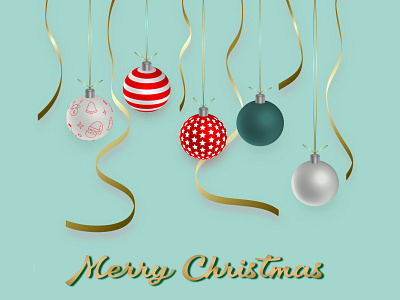 Christmas Card designed by Christmas balls and golden ribbons