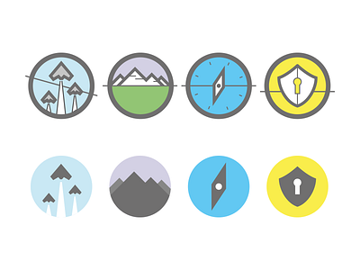 Military Exhibition Icons air circles compass iconography icons land military mountains planes sea security shield