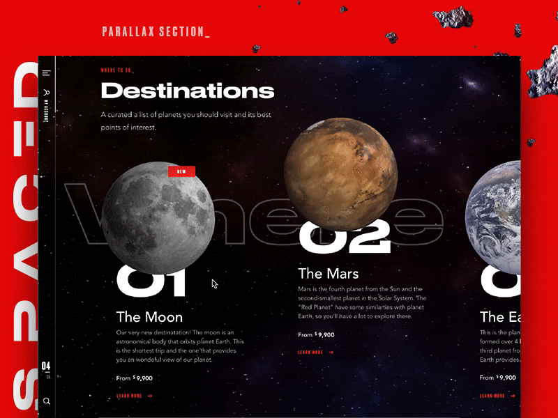 SPACED Homepage // Parallax Section homepage moon parallax principle principleformac spaced spacedchallenge travel ui ux website