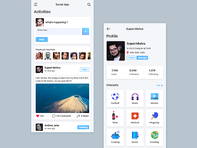 Social Media App app application comments dashboard feeds home interests likes mobile app mobileappdesign profile shares social status ui ui ux uidesign uiux user inteface