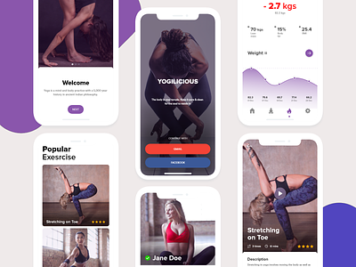 Yogilicious analytics app design exercises feeds fitness fitness app health home log in login mobile app mockups profile sign in ui ui design user interface welcome screen yoga
