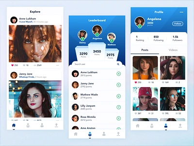 Feeds Leaderboard and Profile cards explore home leaderboard likes lists profile rank ranking upload users