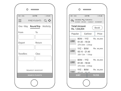 Flight Search - Wireframe Design detail flight booking flight search ios iphone iphone x listing mockup search result sketch ui ux wireframe