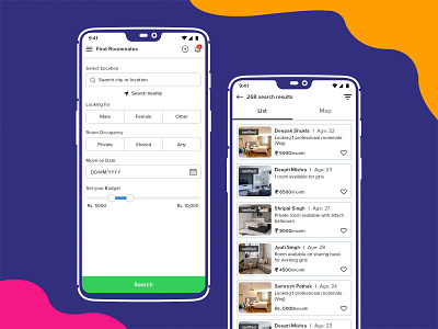 Find Roommates UI app design application creative design find roomate illustration ios iphone x listing material design minimal mockup modern property room search roommates search ui ui ux user flow