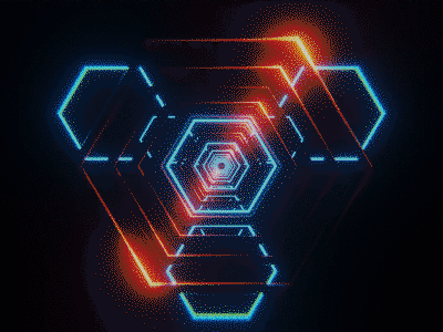 A looping animation of neon hexagons twisting and zooming into frame.